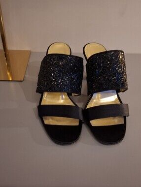 Valentino Black Glitter and Gold Slide Mules